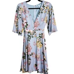 New She + Sky Small S Blue Floral Plunging V Neck Half Sleeve Dress Tie Back
